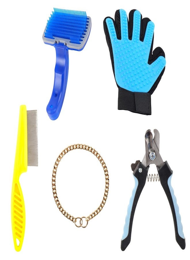 REGIIS Dog Grooming Kit with Nail Clipper, Self-Cleaning Slicker Brush, Grooming Glove, Flea Comb, and Chain Collar, 5-Piece Set - Image 1